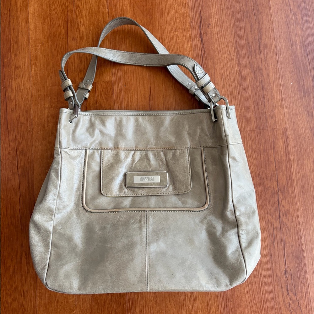 Kenneth Cole Neutral Taupe Leather Shoulder Bag with Front Plaque